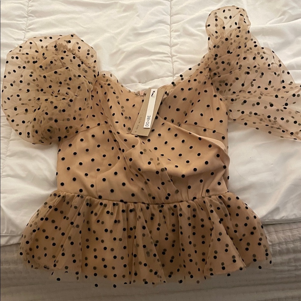 Polka Dot Puff Sleeve Peplum Top - Nude/Tan with Black Dots